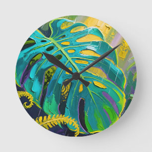 Reloj Redondo Mediano Hoja de Monstera Selva Lluvia