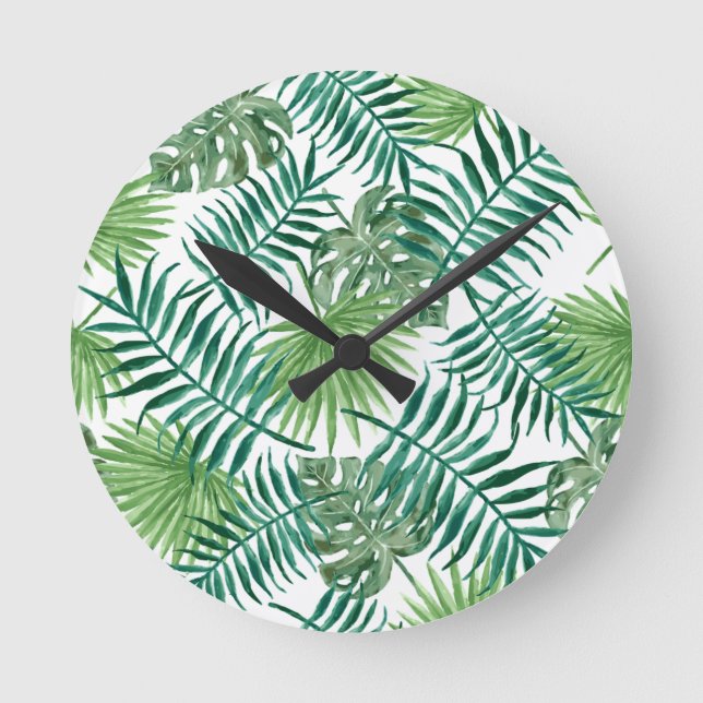 Reloj Redondo Mediano Hoja de palma botánica tropical de la planta (Anverso)