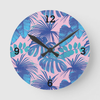 Reloj Redondo Mediano Hoja de palma tropical rosa azul