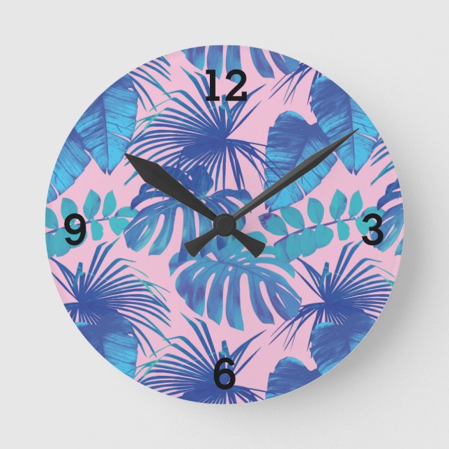 Reloj Redondo Mediano Hoja de palma tropical rosa azul (Anverso)