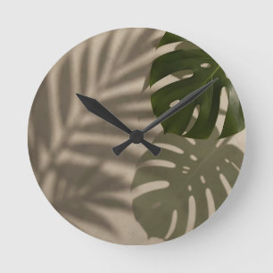 Reloj Redondo Mediano Hoja Tropical Minimalista de Monstera Verde Sombra