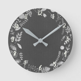 Reloj Redondo Mediano Hojas Botánicas Gris Plateado Personalizadas