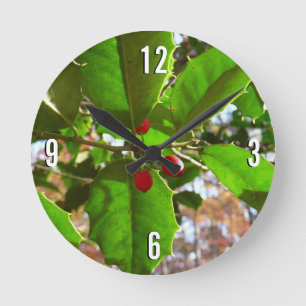 Reloj Redondo Mediano Hojas de Acebo II Naturaleza Botánica Navideña