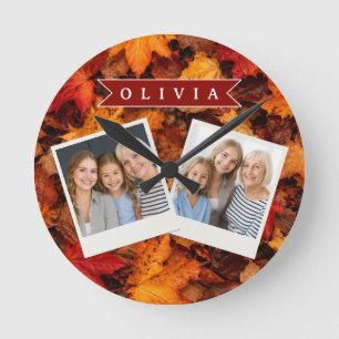 Reloj Redondo Mediano Hojas de Arce de Otoño Personalizadas Colorido Oto