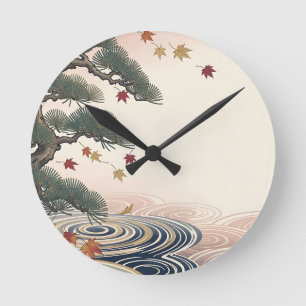 Reloj Redondo Mediano Hojas de Arce de Pino Japonés Olas de Otoño