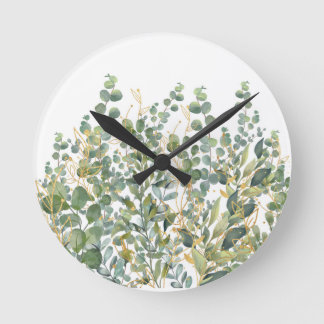 Reloj Redondo Mediano Hojas De Eucaliptus Botánico De Oro Y Verde
