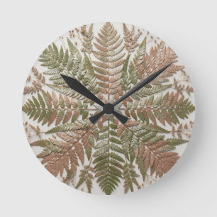 Reloj Redondo Mediano Hojas de helecho verde botánico de cobre prensado