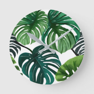 Reloj Redondo Mediano Hojas de Monstera Acuarela Botánica Moderna