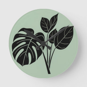 Reloj Redondo Mediano Hojas de Monstera Minimalista Tropical Verde Menta