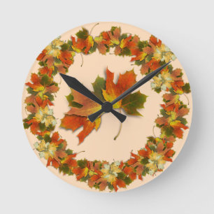 Reloj Redondo Mediano Hojas de otoño naranjas y amarillas