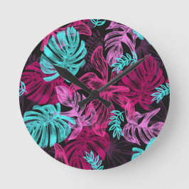 Reloj Redondo Mediano Hojas de palma tropical fluorescentes