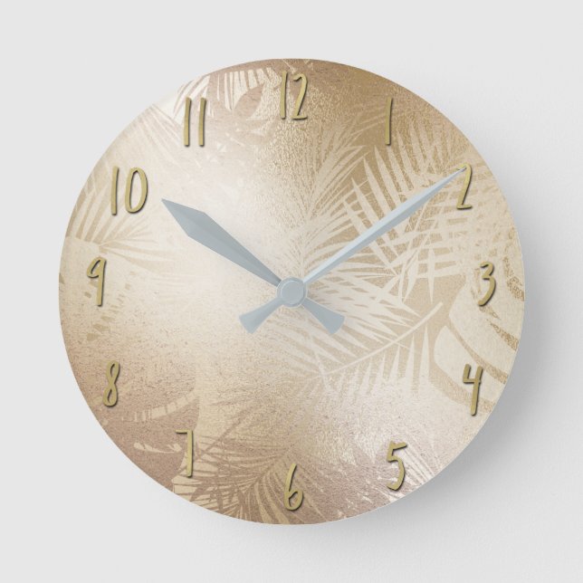Reloj Redondo Mediano Hojas de palmeras tropicales botánicas Golden Shin (Anverso)