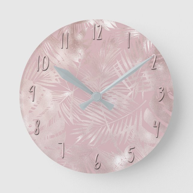Reloj Redondo Mediano Hojas de palmeras tropicales botánicas rosadas de  (Anverso)