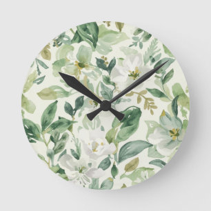 Reloj Redondo Mediano Hojas florales de acuarela verde botánica Naturale
