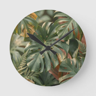 Reloj Redondo Mediano Hojas Lujuriosas de Monstera Helechos Selva Tropic