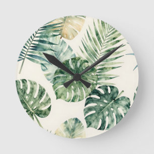 Reloj Redondo Mediano Hojas tropicales de acuarela patrón de palma Monst