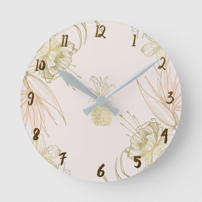 Reloj Redondo Mediano Hojas tropicales de flores botánicas de piña dorad (Anverso)