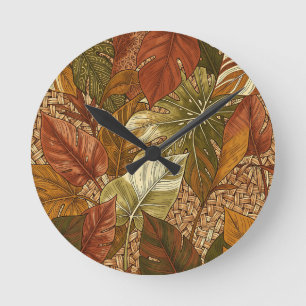 Reloj Redondo Mediano Hojas Tropicales de Monstera Oxidadas Botánicas Ve