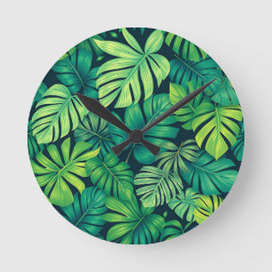 Reloj Redondo Mediano Hojas Tropicales de Monstera Patrón de Jungla