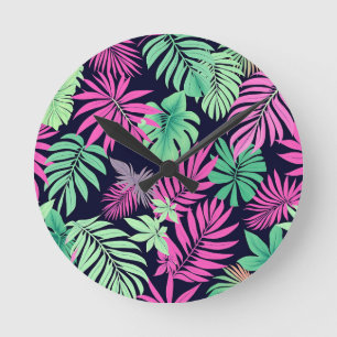 Reloj Redondo Mediano Hojas Tropicales Vibrantes Patrón Neón