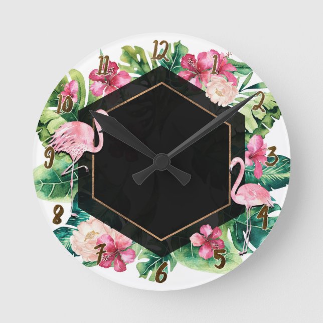 Reloj Redondo Mediano Hojas tropicales y flamencos Moda dorada negra (Anverso)