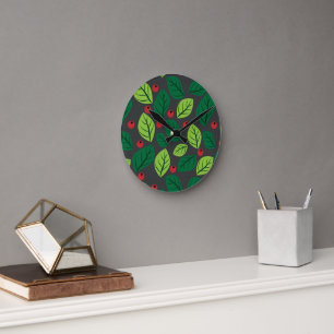 Reloj Redondo Mediano Hojas verdes, bayas rojas, patrón de hojas
