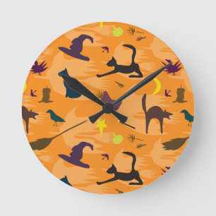 Reloj Redondo Mediano Hola Bruja - sin fisuras patrón de Halloween.