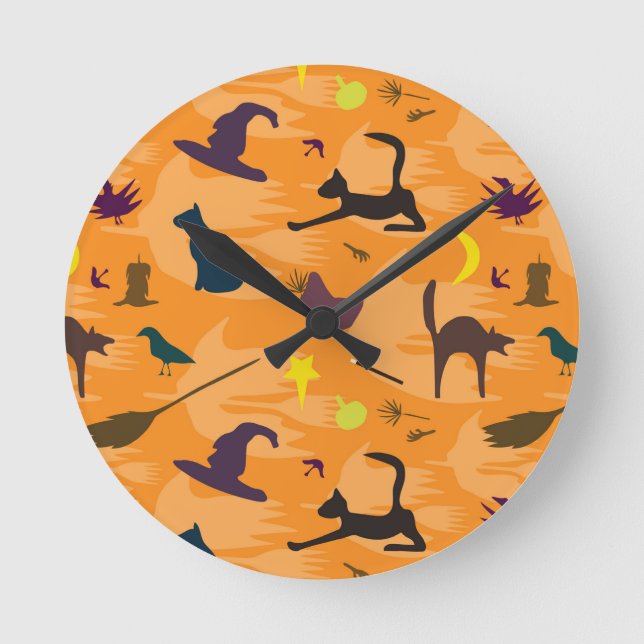 Reloj Redondo Mediano Hola Bruja - sin fisuras patrón de Halloween. (Anverso)