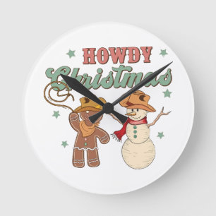 Reloj Redondo Mediano Hola Navidad Groovy Vaquero Muñeco de Nieve Oeste