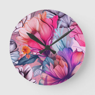 Reloj Redondo Mediano Hola Primavera Hora de la Felicidad, Mariposa Rosa