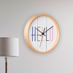 Reloj Redondo Mediano Hola tipografía moderna de colores a rayas<br><div class="desc">Moderno reloj de pared de la marina,  naranja,  lila,  morado y blanco HELLO con coloridas rayas verticales.</div>