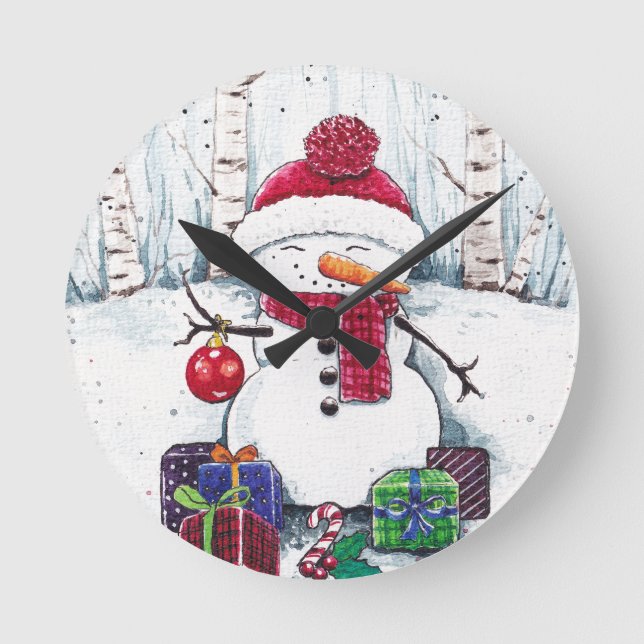Reloj Redondo Mediano Hombre De Nieve Con Regalos En El Bloque De La Par (Anverso)