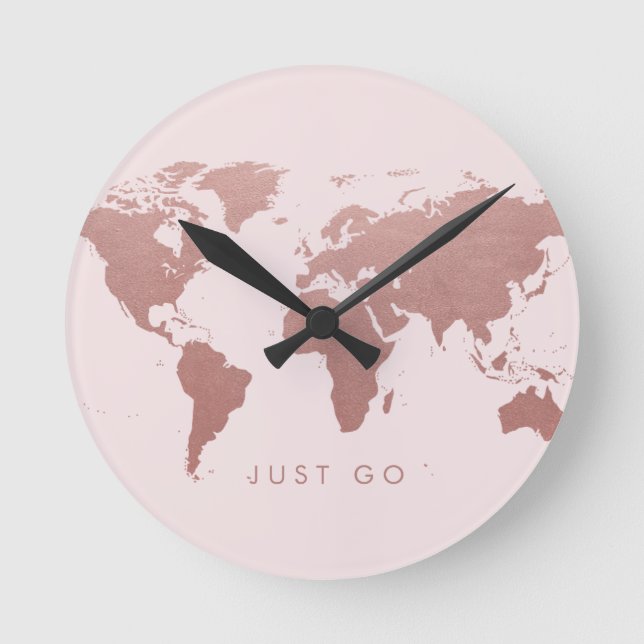 Reloj Redondo Mediano Hora de irse del Mapa Mundial Rosa (Anverso)