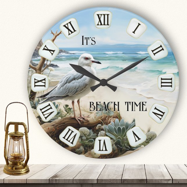 Reloj Redondo Mediano Hora de playa de Gaviota (Wall clock featuring a painting of a seagull on the beach - with classic roman clock numbers)