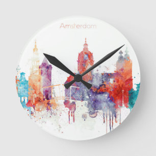 Reloj Redondo Mediano Horizonte de la acuarela de Amsterdam