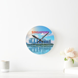 Reloj Redondo Mediano Horizonte de la ciudad de Singapur retro