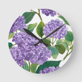 Reloj Redondo Mediano Hortensia Púrpura Floral Acuarela Costera