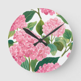Reloj Redondo Mediano Hortensia Rosa Acuarela Floral Costera