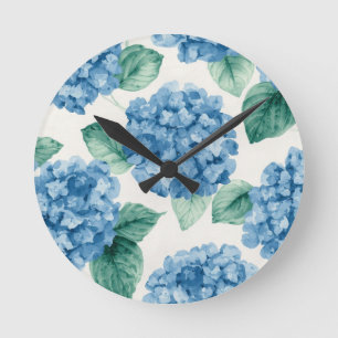 Reloj Redondo Mediano Hortensias Azules Acuarela Floral Botánica Floraci