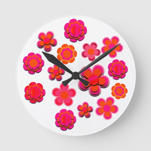 Reloj Redondo Mediano Hot Pink and Orange Flowers  (Anverso)