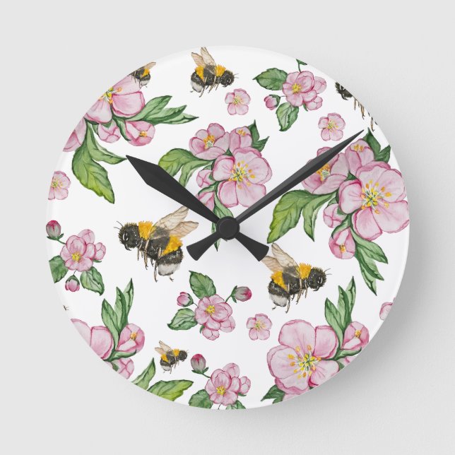 Reloj Redondo Mediano Huerto de manzanas florido con abejas acuarela dra (Anverso)