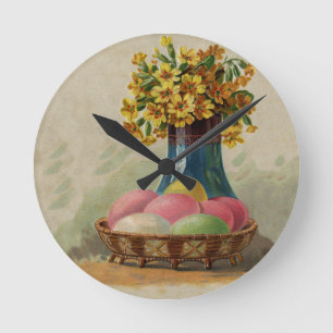Reloj Redondo Mediano Huevos Flores Canasta Pascua Antiguo