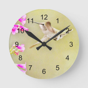 Reloj Redondo Mediano Hummingbird y Blooms rosa