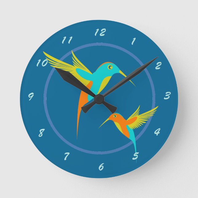 Reloj Redondo Mediano Hummingbirds Exótico Azul (Anverso)