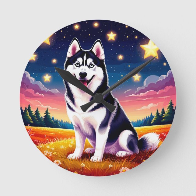 Reloj Redondo Mediano Husky siberiano juguetón (Anverso)