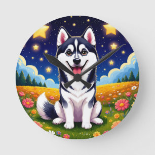Reloj Redondo Mediano Husky siberiano juguetón