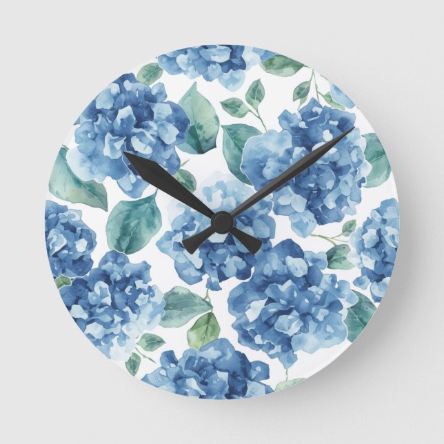 Reloj Redondo Mediano Hydrangea Blues | Patrón de flores de flores de ac (Anverso)