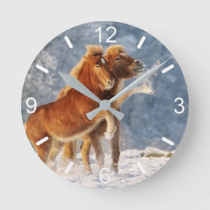 Reloj Redondo Mediano Icelandic Horses Foal Playing in Snow Funny Photo