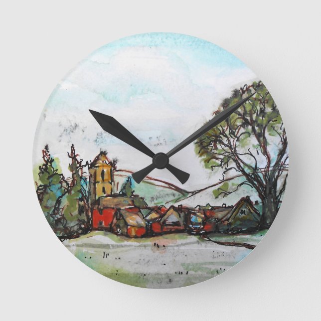 Reloj Redondo Mediano Idílico bosquejo de una aldea británica (Anverso)