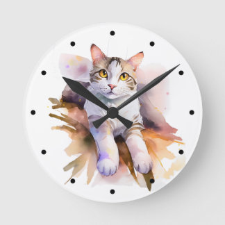 Reloj Redondo Mediano Ilustracion acuarela de gato blanco dulce